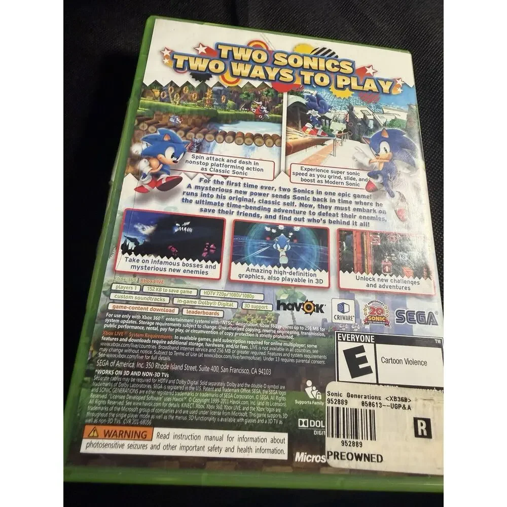 SEGA Sonic Generations (2011) 3D Platformer E Rated NTSC-U/C - Xbox 360